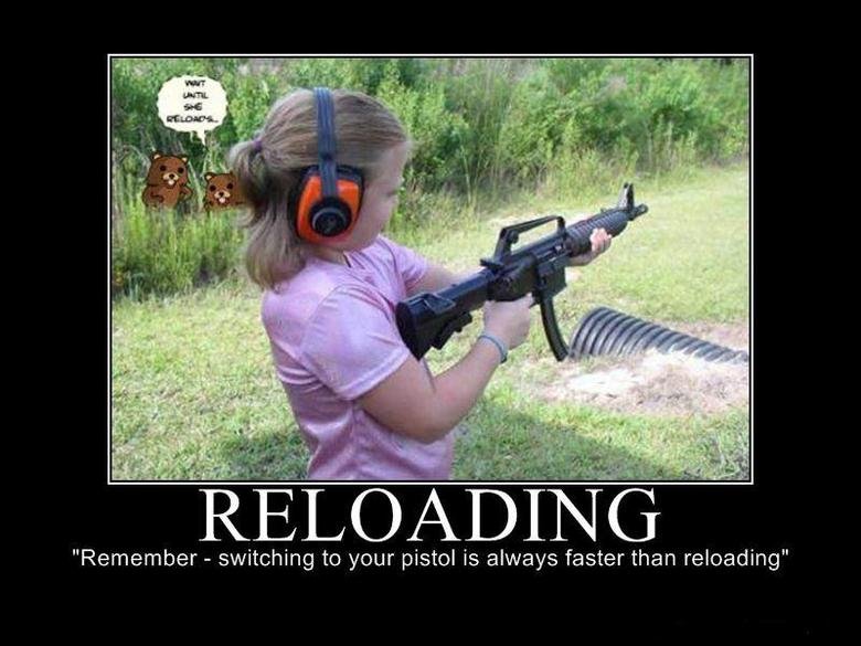 RELOADING. .. switching to your pistol is faster than reloading - but I use Overkill....